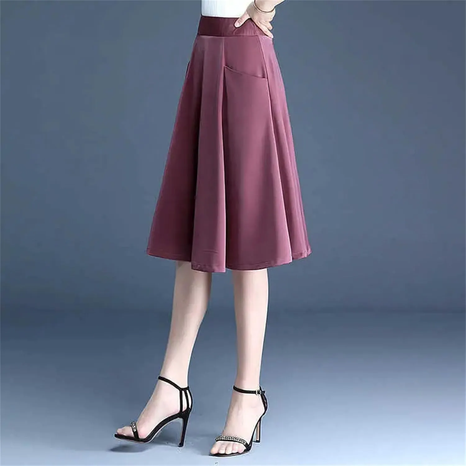 Women's Pleated Skirt Mid Length High Waist Fashion Slim A-Line Skirt