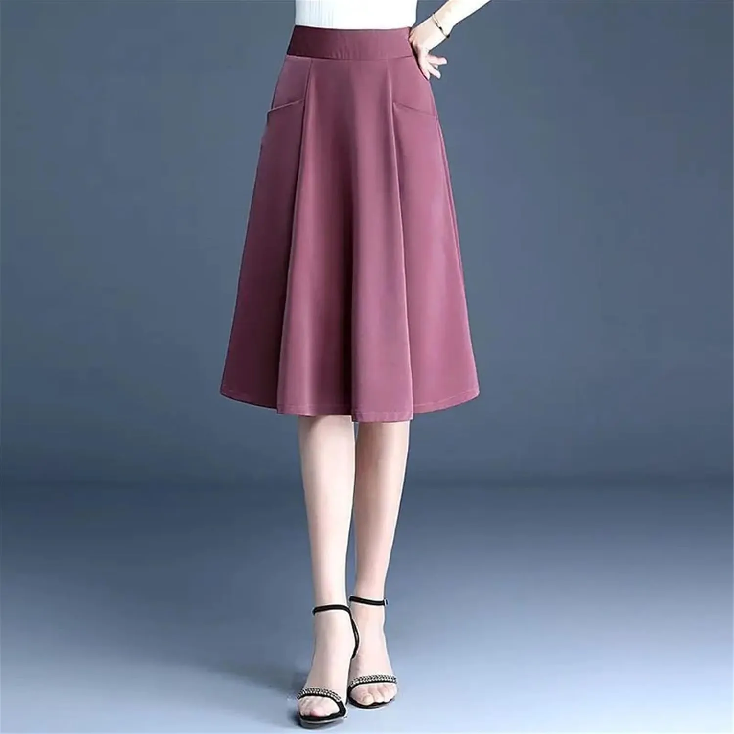 Women's Pleated Skirt Mid Length High Waist Fashion Slim A-Line Skirt