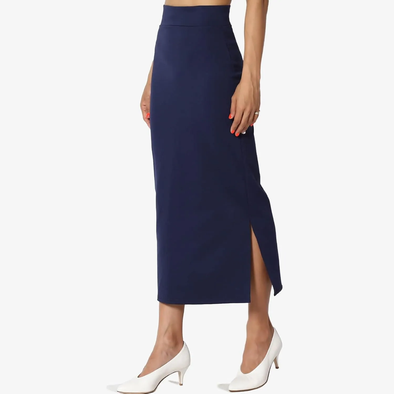 Women's S~3X Side Slit Ponte Knit High Waist Mid Calf Long Pencil Skirt Sweatshirt Skirt