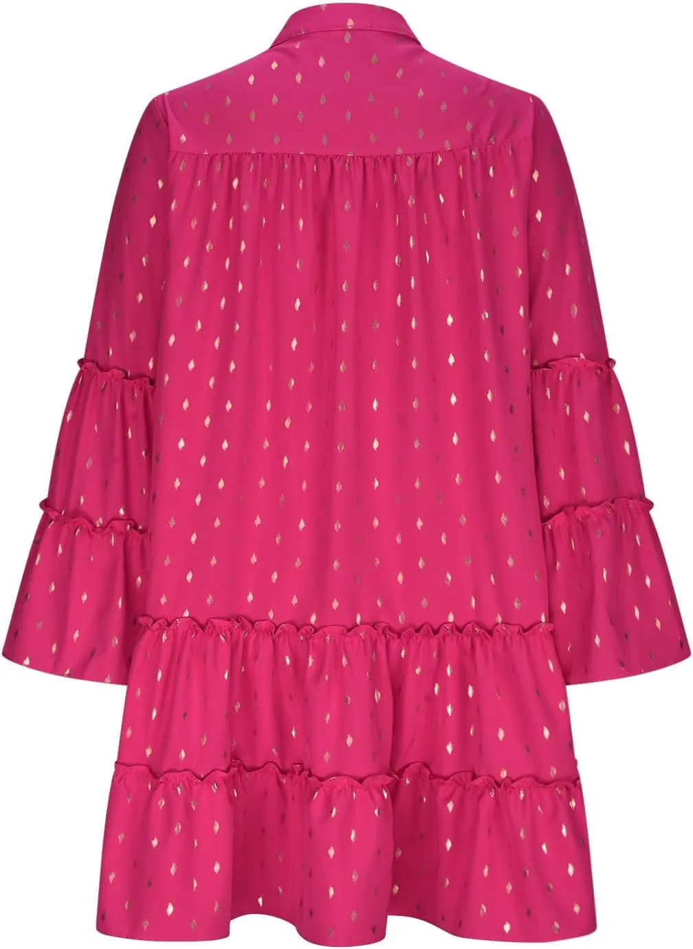 Women's Summer Button Down Pleated Shirt Dress Bell Long Sleeve Tiered Ruffle Flowy A-Line Swing Mini Babydoll Dresses