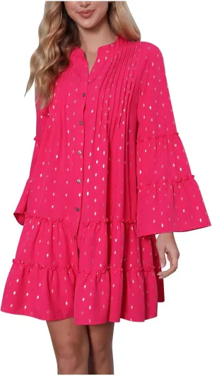 Women's Summer Button Down Pleated Shirt Dress Bell Long Sleeve Tiered Ruffle Flowy A-Line Swing Mini Babydoll Dresses