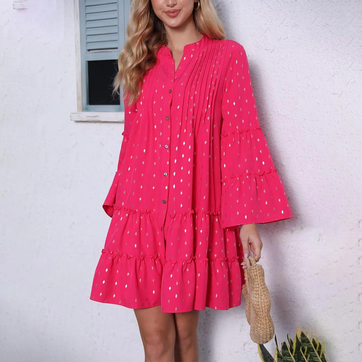 Women's Summer Button Down Pleated Shirt Dress Bell Long Sleeve Tiered Ruffle Flowy A-Line Swing Mini Babydoll Dresses