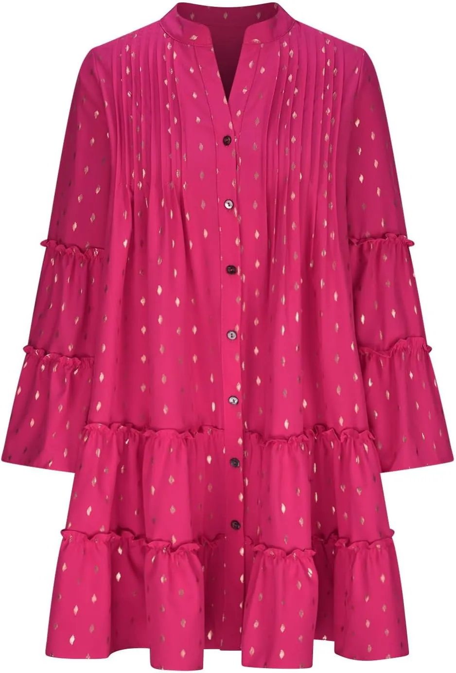 Women's Summer Button Down Pleated Shirt Dress Bell Long Sleeve Tiered Ruffle Flowy A-Line Swing Mini Babydoll Dresses