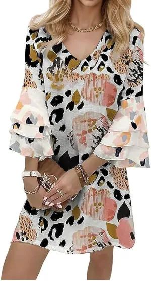 Womens Summer Casual Dresses V Neck 3/4 Sleeve Loose Boho Floral Printed Beach Sundress