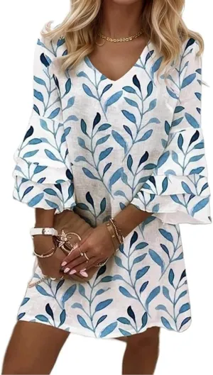 Womens Summer Casual Dresses V Neck 3/4 Sleeve Loose Boho Floral Printed Beach Sundress