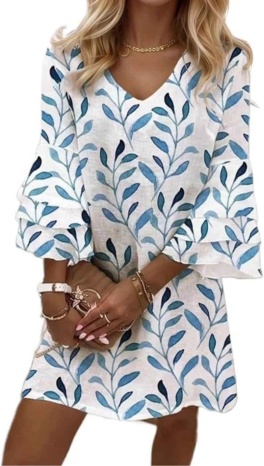Womens Summer Casual Dresses V Neck 3/4 Sleeve Loose Boho Floral Printed Beach Sundress