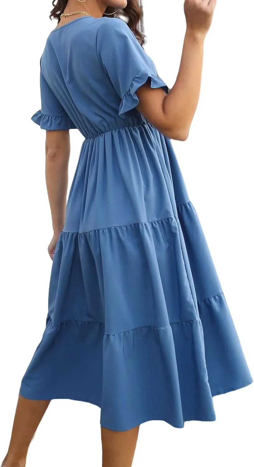 Women's Summer Dresses Casual V Neck Ruffle Short Sleeve Midi Dress Trendy Loose Fit Tunic Ruffle Hem Beach Sundress
