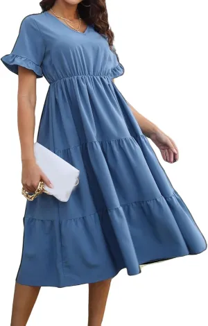 Women's Summer Dresses Casual V Neck Ruffle Short Sleeve Midi Dress Trendy Loose Fit Tunic Ruffle Hem Beach Sundress