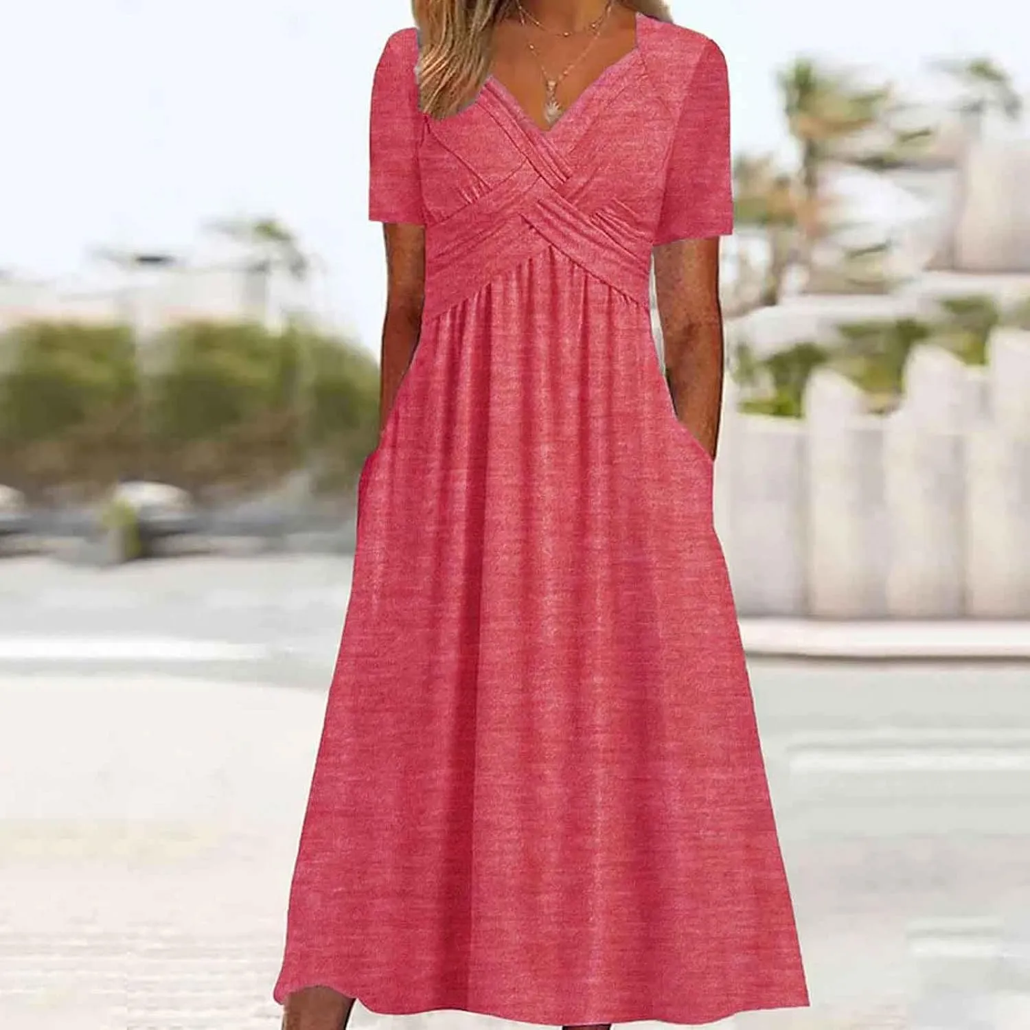 Women's Summer Maxi Dress 2025 Casual Short Sleeve Wrap V Neck Flowy Swing Plated Long Beach Dresses with Pockets