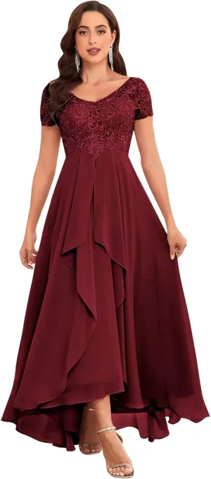 Women's Tea Length Mother of The Bride Dresses for Wedding with Sleeves Lace Applique Formal Dresses