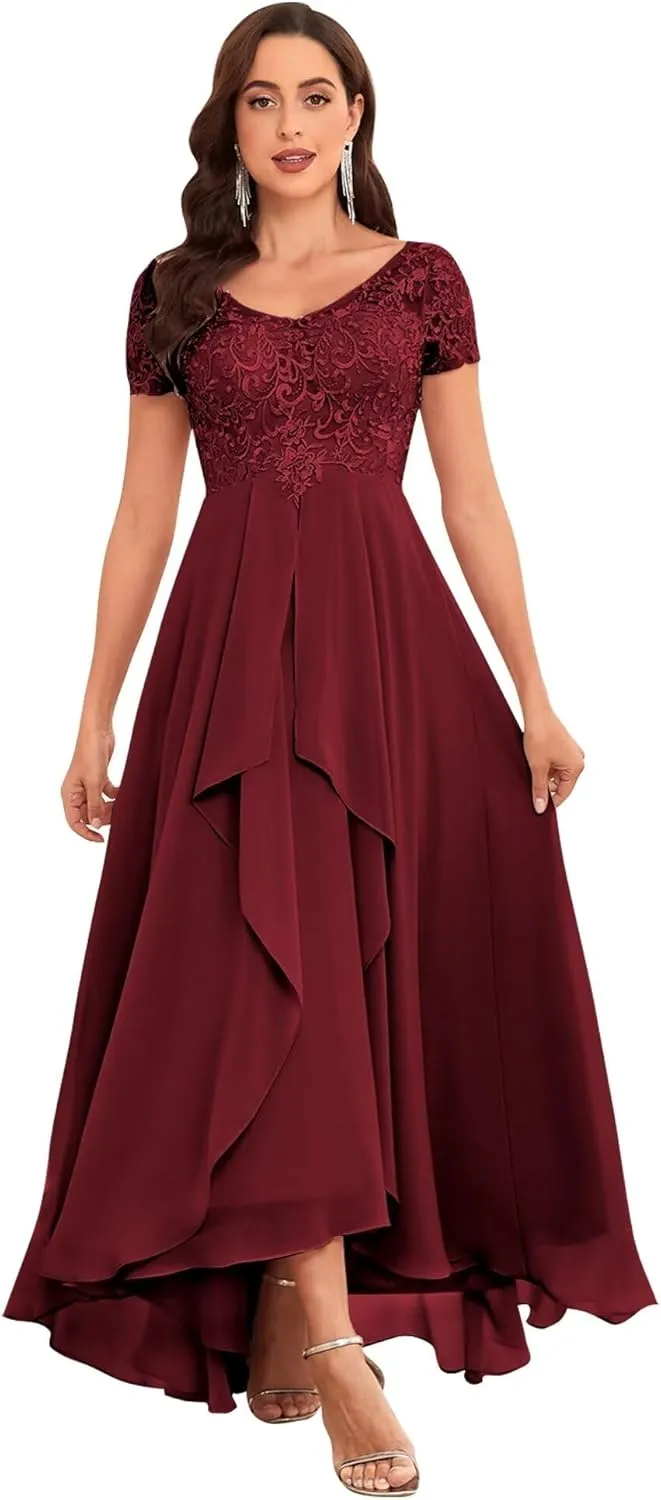 Women's Tea Length Mother of The Bride Dresses for Wedding with Sleeves Lace Applique Formal Dresses
