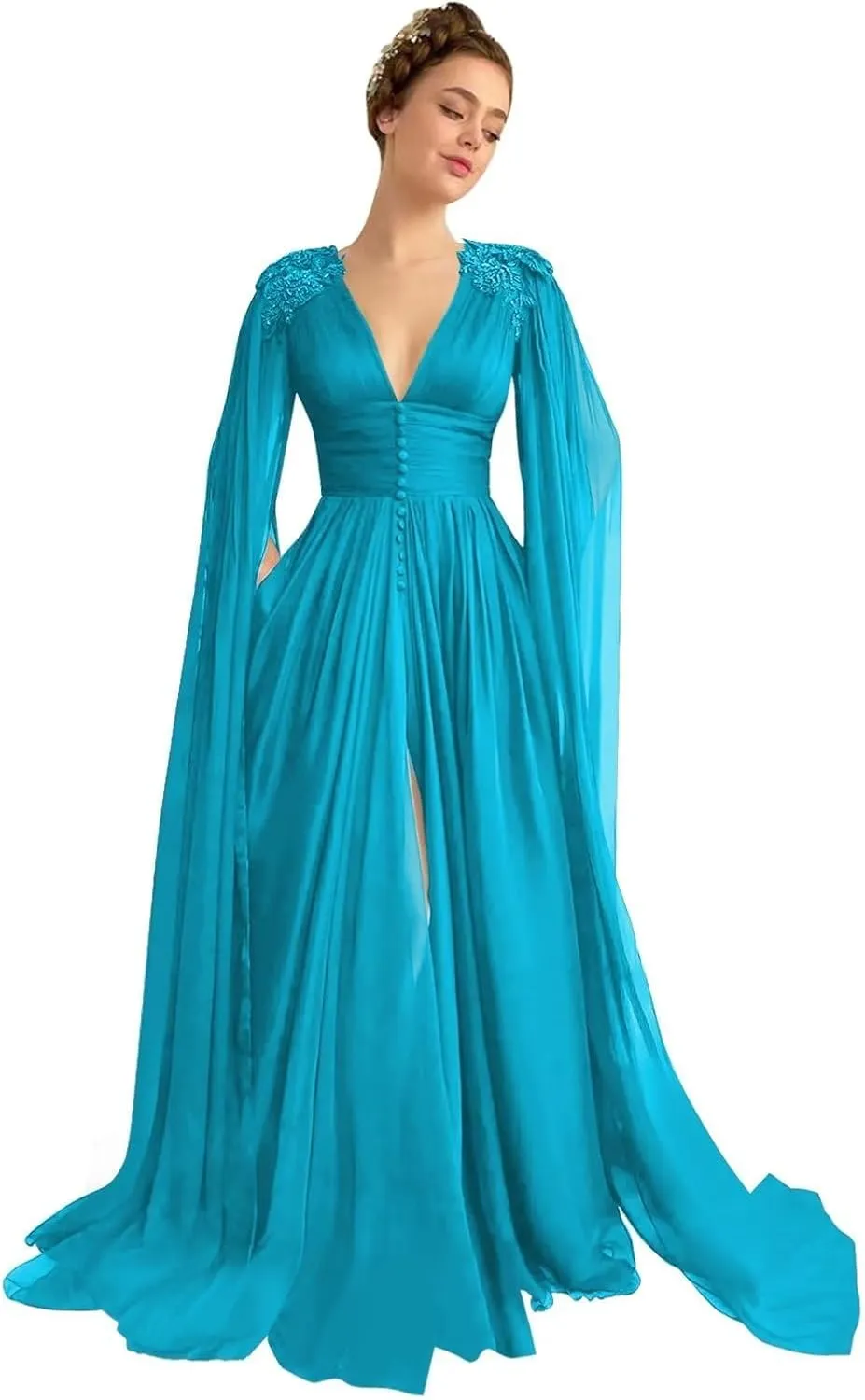 Women's Tulle Prom Dress 2024 Long Wedding Ball Gown Lace Applique Formal Evening Dresses with Slit Pockets
