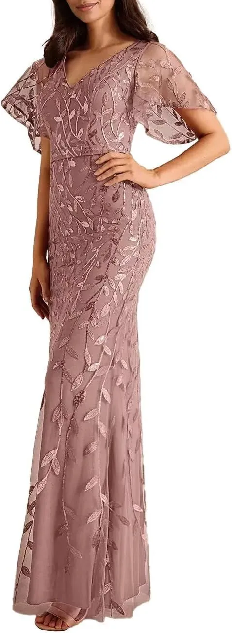 Women's V Neck Chiffon Mother of Bride Dresses Lace Appliques Long Formal Evening Gowns