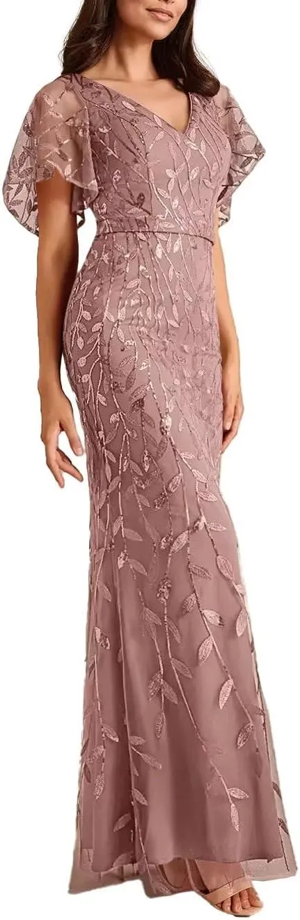 Women's V Neck Chiffon Mother of Bride Dresses Lace Appliques Long Formal Evening Gowns