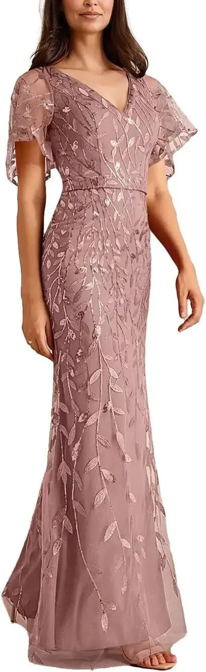Women's V Neck Chiffon Mother of Bride Dresses Lace Appliques Long Formal Evening Gowns