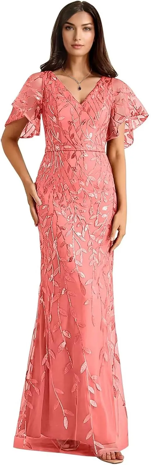 Women's V Neck Chiffon Mother of Bride Dresses Lace Appliques Long Formal Evening Gowns