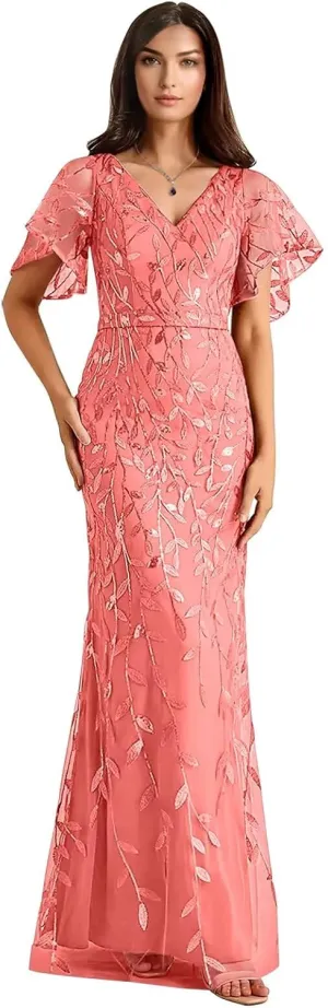 Women's V Neck Chiffon Mother of Bride Dresses Lace Appliques Long Formal Evening Gowns