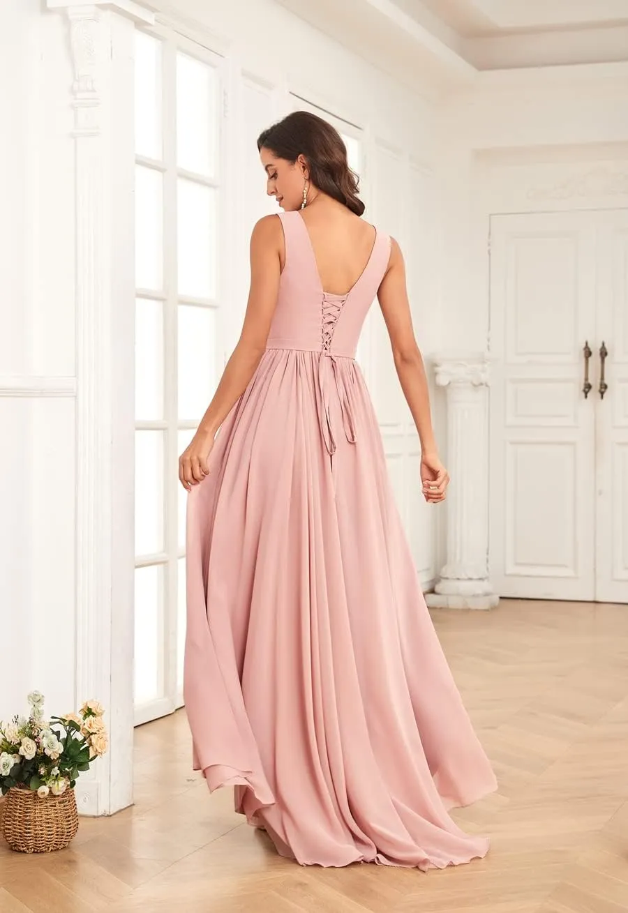 Women's V Neck High Low Chiffon Bridesmaid Dresses for Wedding Ruffle Pleated Formal Evening Dress