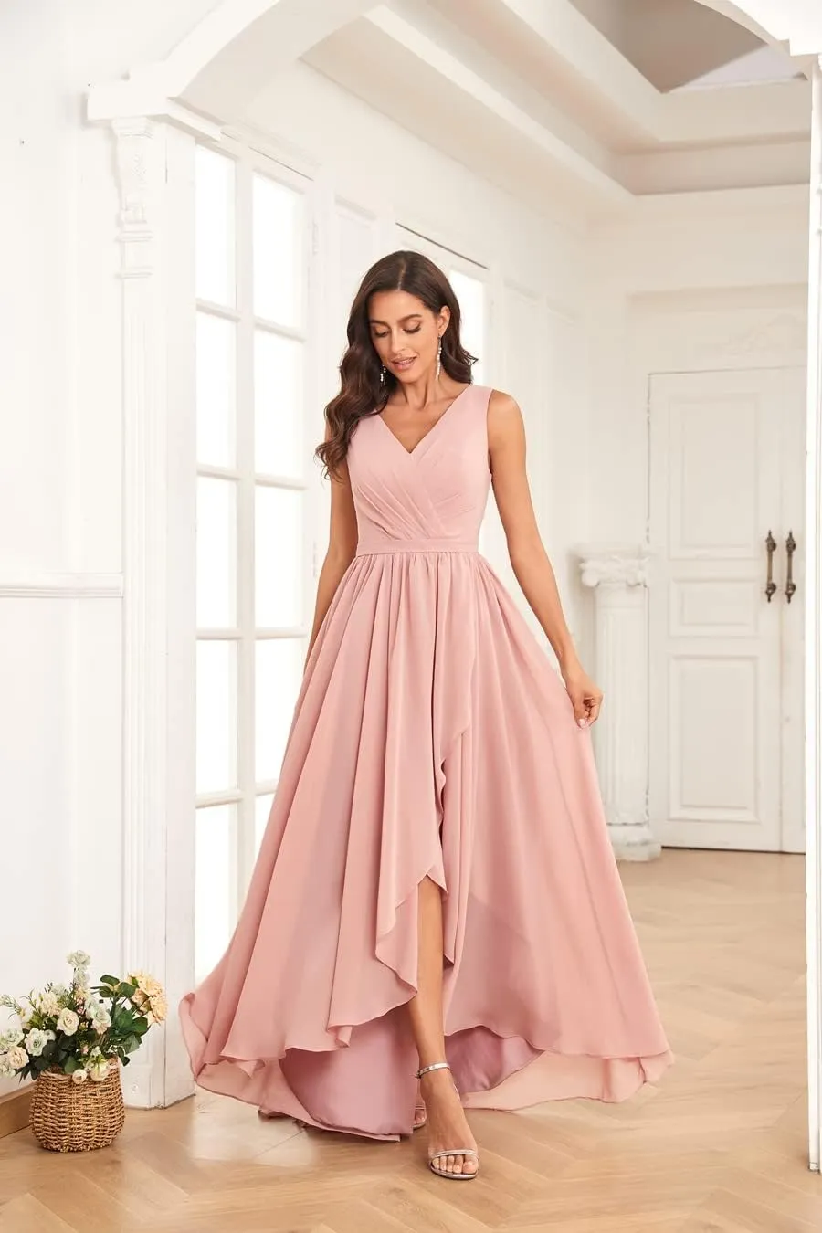 Women's V Neck High Low Chiffon Bridesmaid Dresses for Wedding Ruffle Pleated Formal Evening Dress