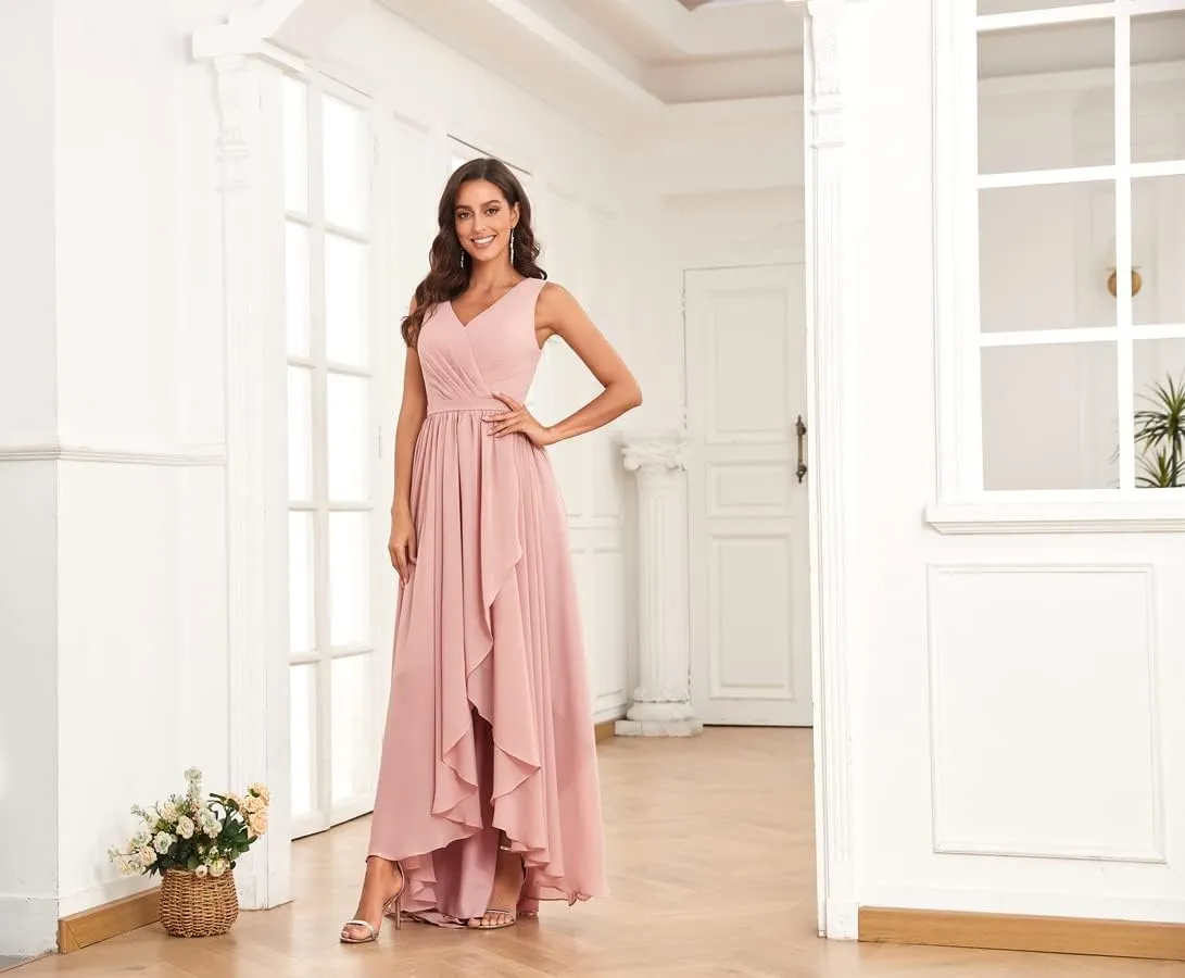 Women's V Neck High Low Chiffon Bridesmaid Dresses for Wedding Ruffle Pleated Formal Evening Dress