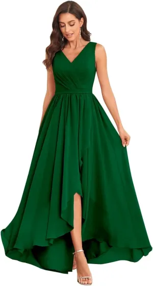 Women's V Neck High Low Chiffon Bridesmaid Dresses for Wedding Ruffle Pleated Formal Evening Dress