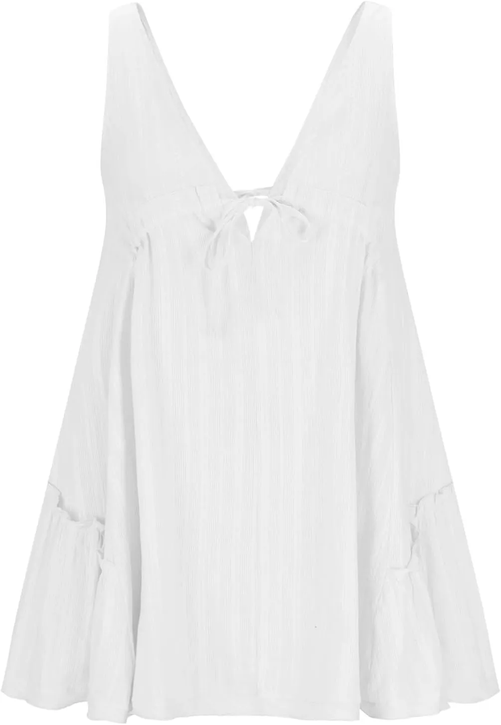 Womens V Neck Tie Dresses Ruffle Sleeve Flowy Swing A-Line Vintage Summer Mini Dress