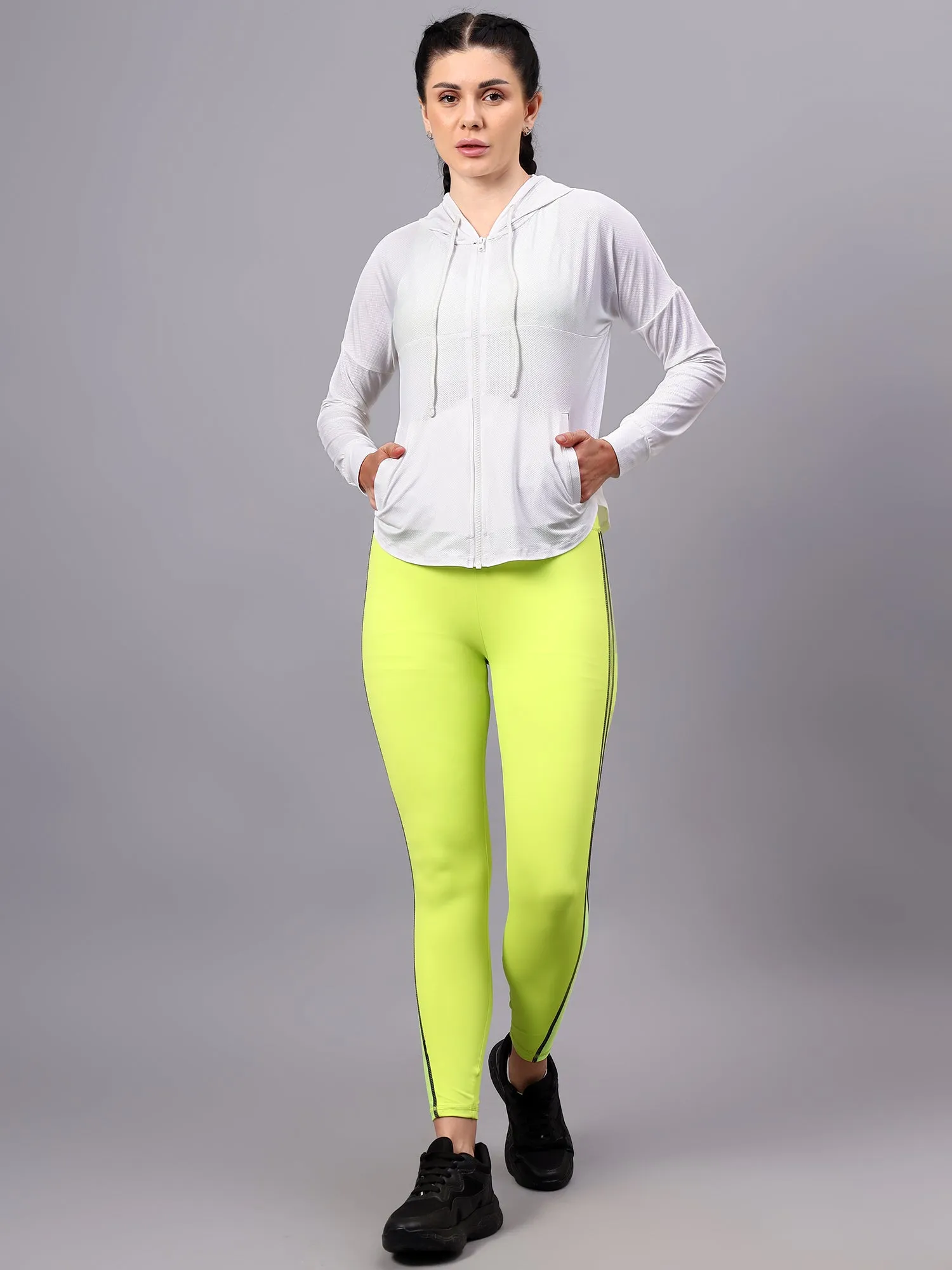 Women's White Self Design Lightweight Hooded Training Jacket