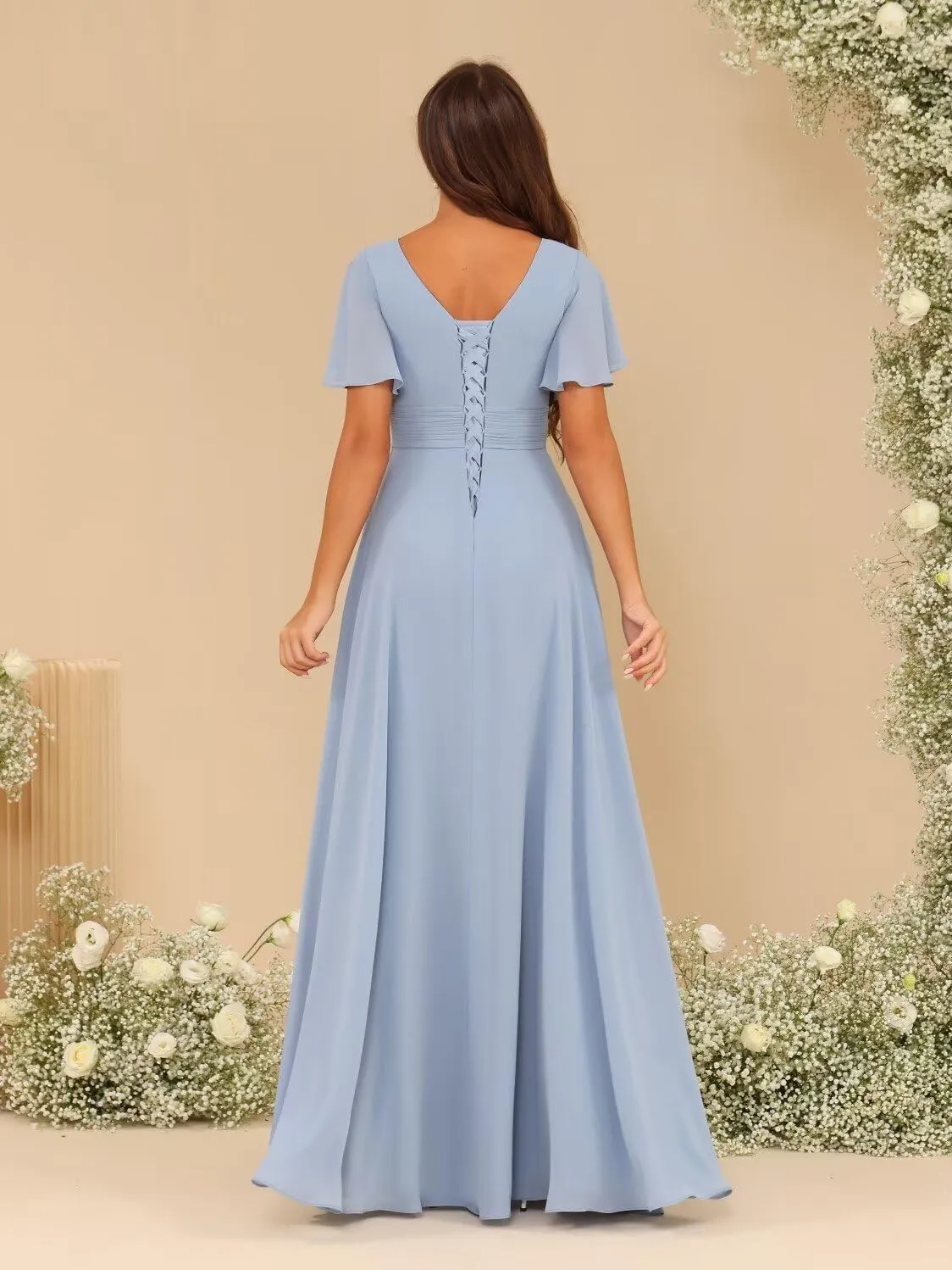 YMSHA A Line Chiffon Pleated Bridesmaid Dresses Short Sleeve Formal Party Dress YMS377