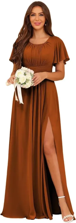 YMSHA A Line Chiffon Pleated Bridesmaid Dresses Short Sleeve Formal Party Dress YMS377