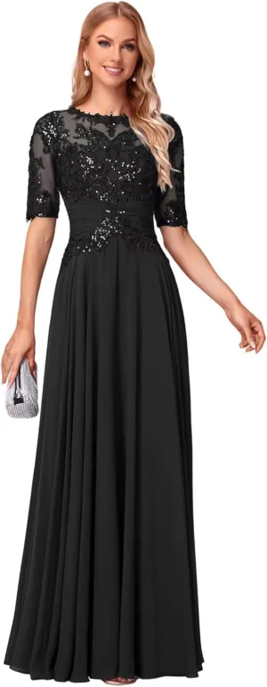 YOFF Sequin Lace Mother of The Bride Dresses Short Sleeves Long Appliques Beaded Formal Evening Prom Dress YO180