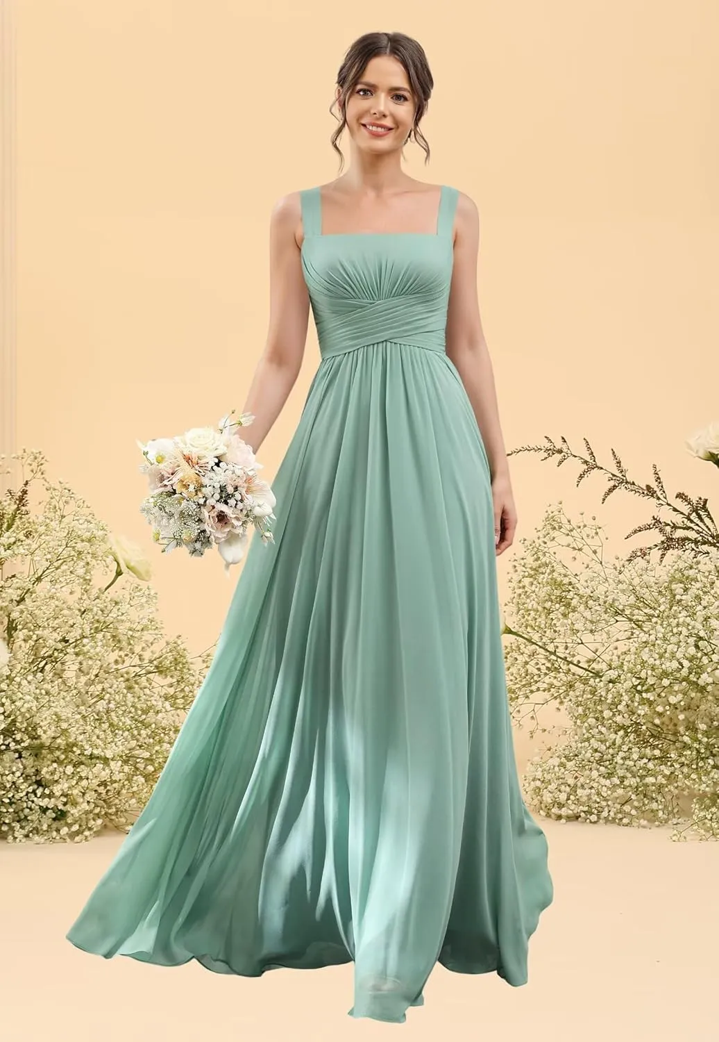 YOFF Square Neck A-line Bridesmaid Dresses with Slit Long Spaghetti Straps Pleated Chiffon Formal Party Dress YO034