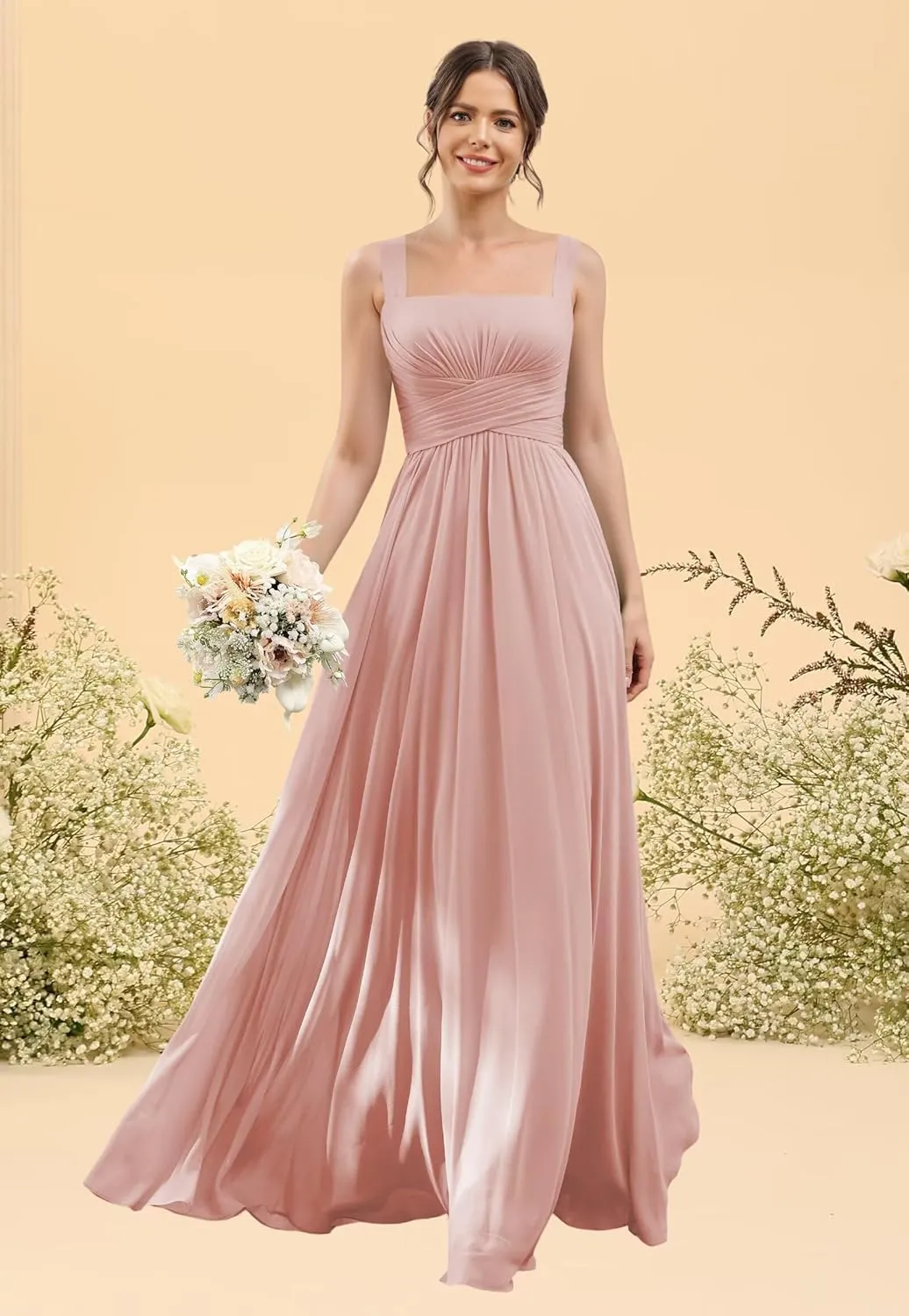 YOFF Square Neck A-line Bridesmaid Dresses with Slit Long Spaghetti Straps Pleated Chiffon Formal Party Dress YO034