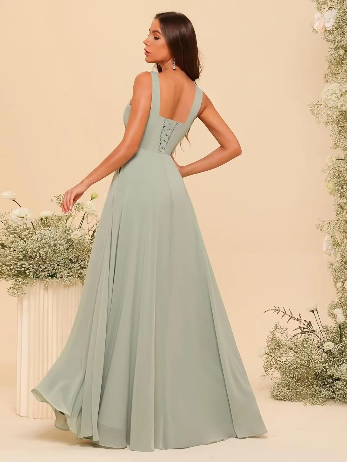 YOFF Square Neck A-line Bridesmaid Dresses with Slit Long Spaghetti Straps Pleated Chiffon Formal Party Dress YO034