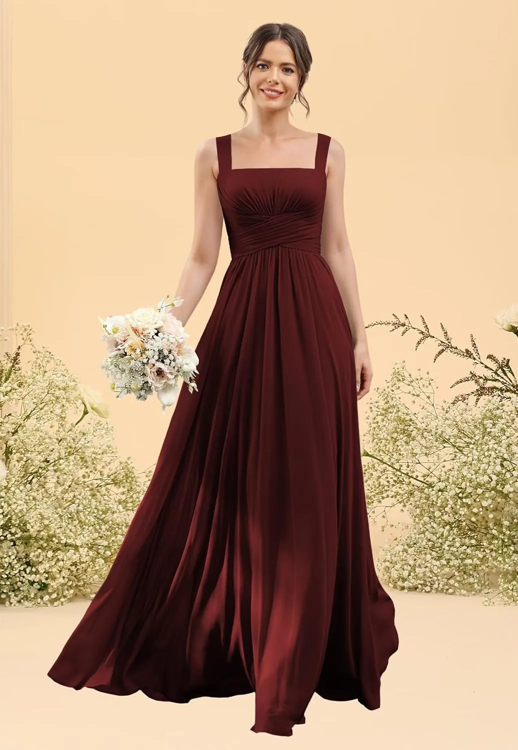 YOFF Square Neck A-line Bridesmaid Dresses with Slit Long Spaghetti Straps Pleated Chiffon Formal Party Dress YO034