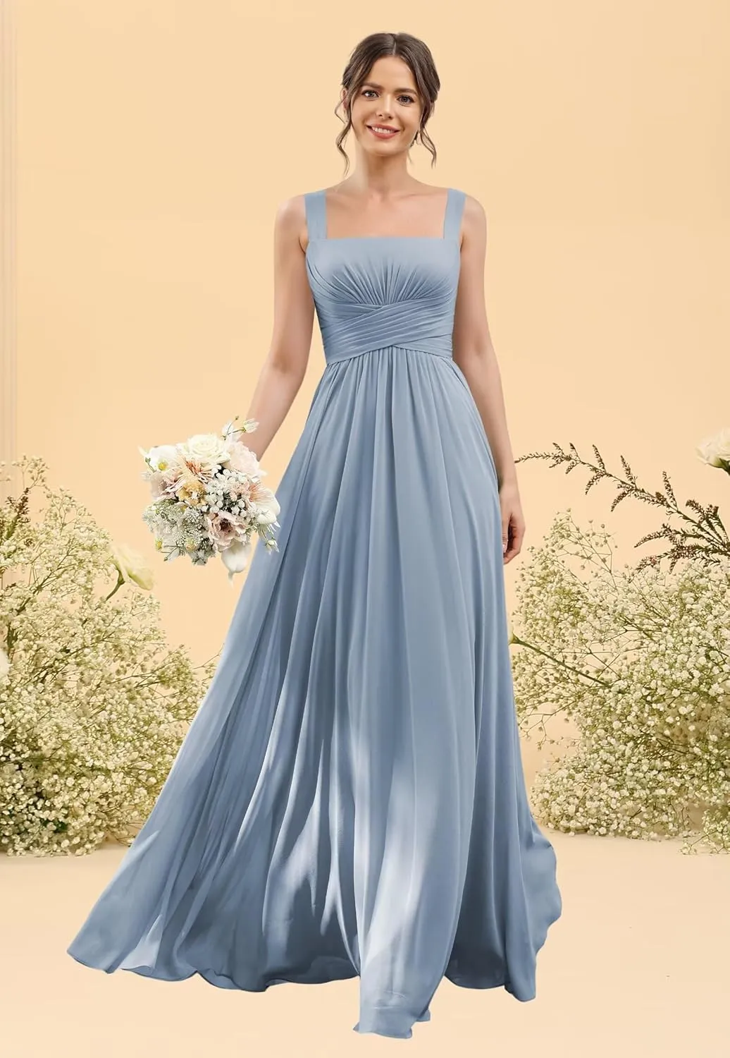 YOFF Square Neck A-line Bridesmaid Dresses with Slit Long Spaghetti Straps Pleated Chiffon Formal Party Dress YO034