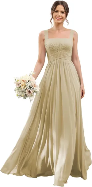 YOFF Square Neck A-line Bridesmaid Dresses with Slit Long Spaghetti Straps Pleated Chiffon Formal Party Dress YO034