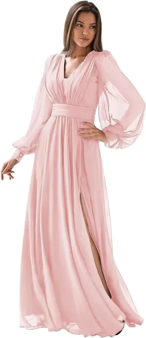 YOFF Women's Long Sleeve Bridesmaid Dresses V Neck Pleated Chiffon Formal Evening Gown with Slit YO036