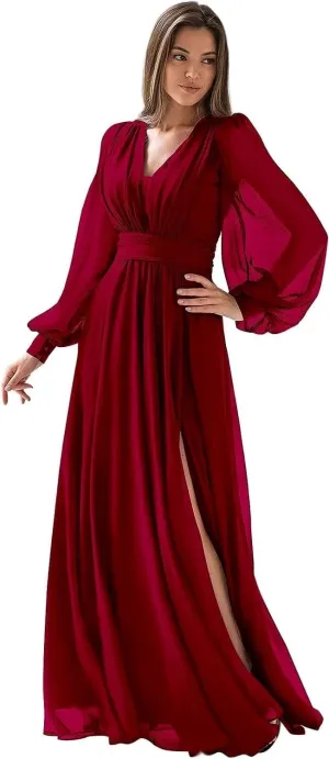 YOFF Women's Long Sleeve Bridesmaid Dresses V Neck Pleated Chiffon Formal Evening Gown with Slit YO036