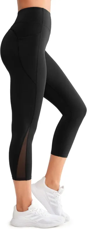 Yvette Capri Leggings with Pockets for Women High Waisted Mesh Yoga Pants Tummy Control Running Tights Workout Gym Fitness