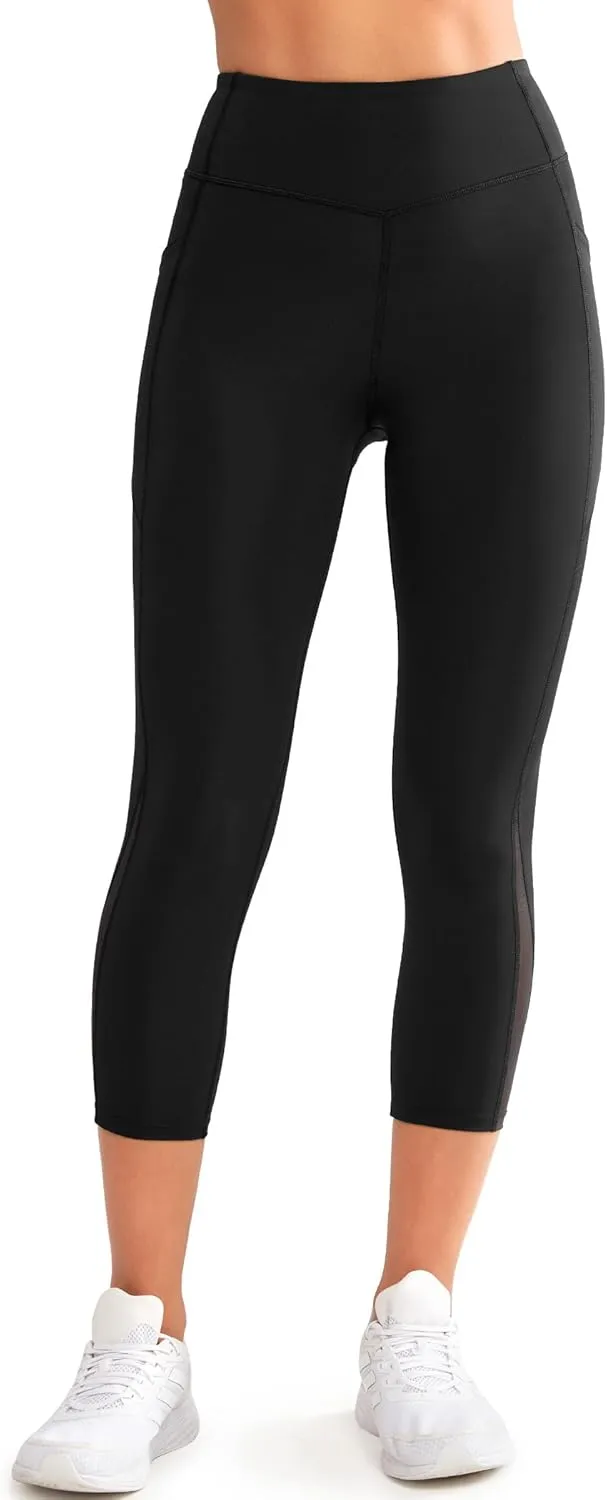 Yvette Capri Leggings with Pockets for Women High Waisted Mesh Yoga Pants Tummy Control Running Tights Workout Gym Fitness