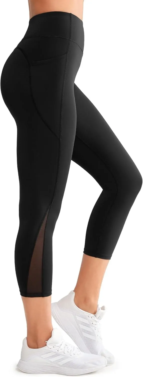 Yvette Capri Leggings with Pockets for Women High Waisted Mesh Yoga Pants Tummy Control Running Tights Workout Gym Fitness