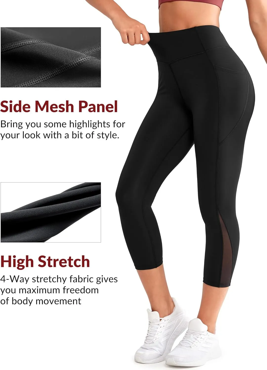 Yvette Capri Leggings with Pockets for Women High Waisted Mesh Yoga Pants Tummy Control Running Tights Workout Gym Fitness