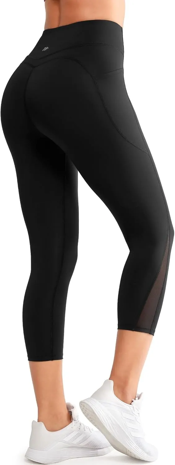 Yvette Capri Leggings with Pockets for Women High Waisted Mesh Yoga Pants Tummy Control Running Tights Workout Gym Fitness
