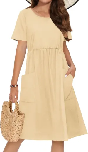 Zeagoo Womens Summer Midi Dress Casual Short Sleeve A-Line Cotton Linen Dress Flowly Beach Tunic Sundresses with Pockets 2025